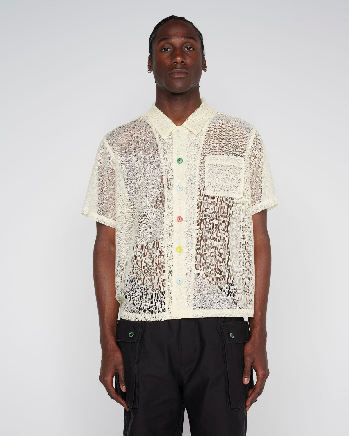 Engineered Mesh Short Sleeve Button Up - Natural 4
