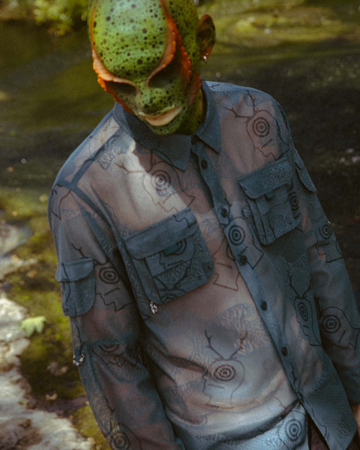 Brain Dead x South2 West8 Engineered Mesh Fishing Button Up Shirt - Slate 2