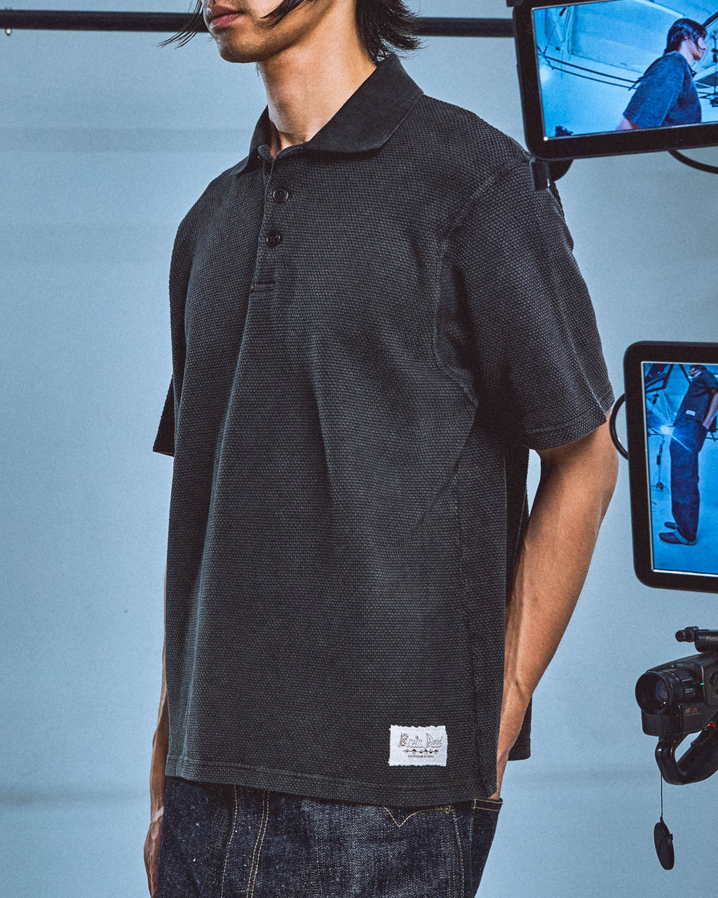 Pique Thermal Polo Shirt - Washed Black 4
