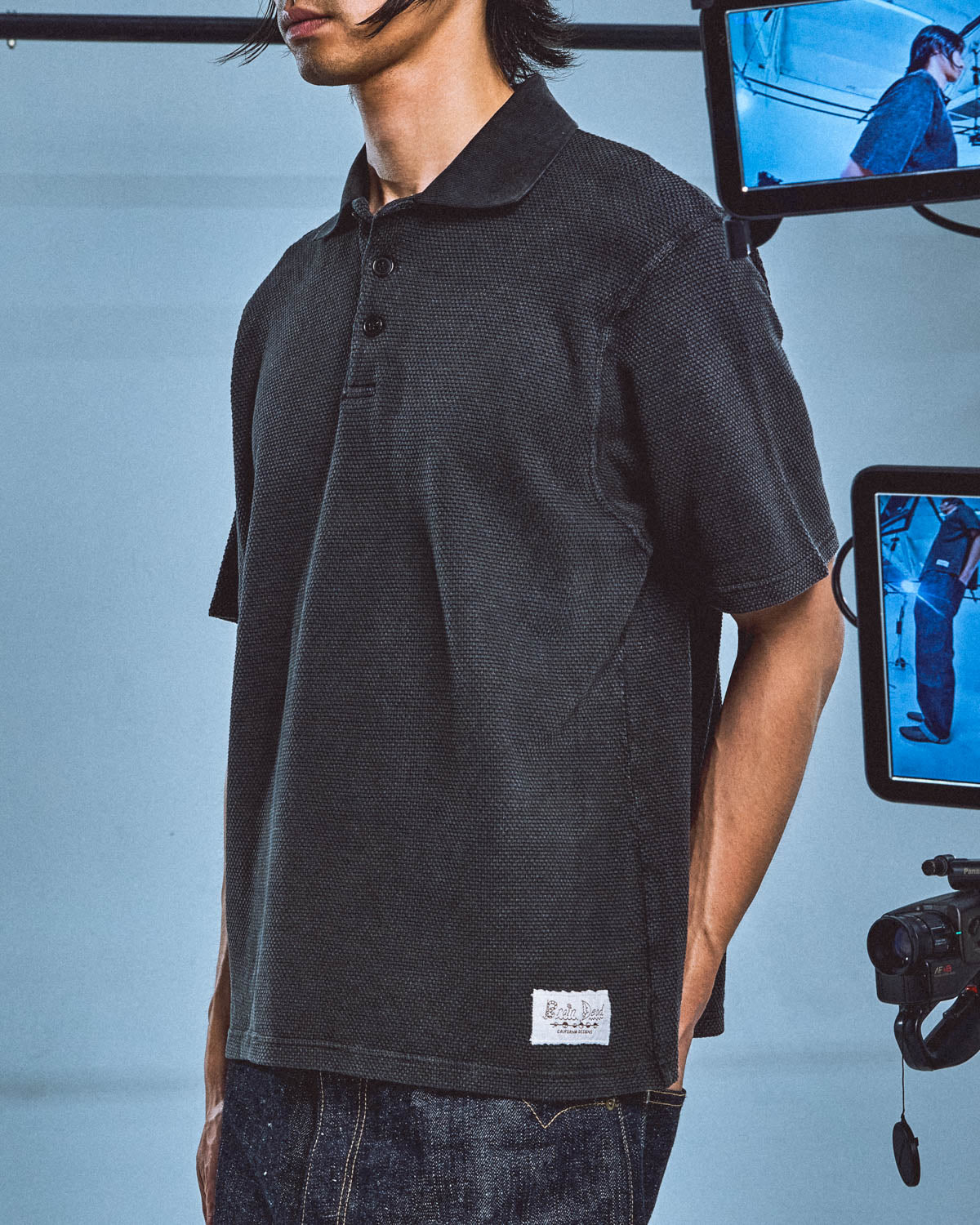 Pique Thermal Polo Shirt - Washed Black 4