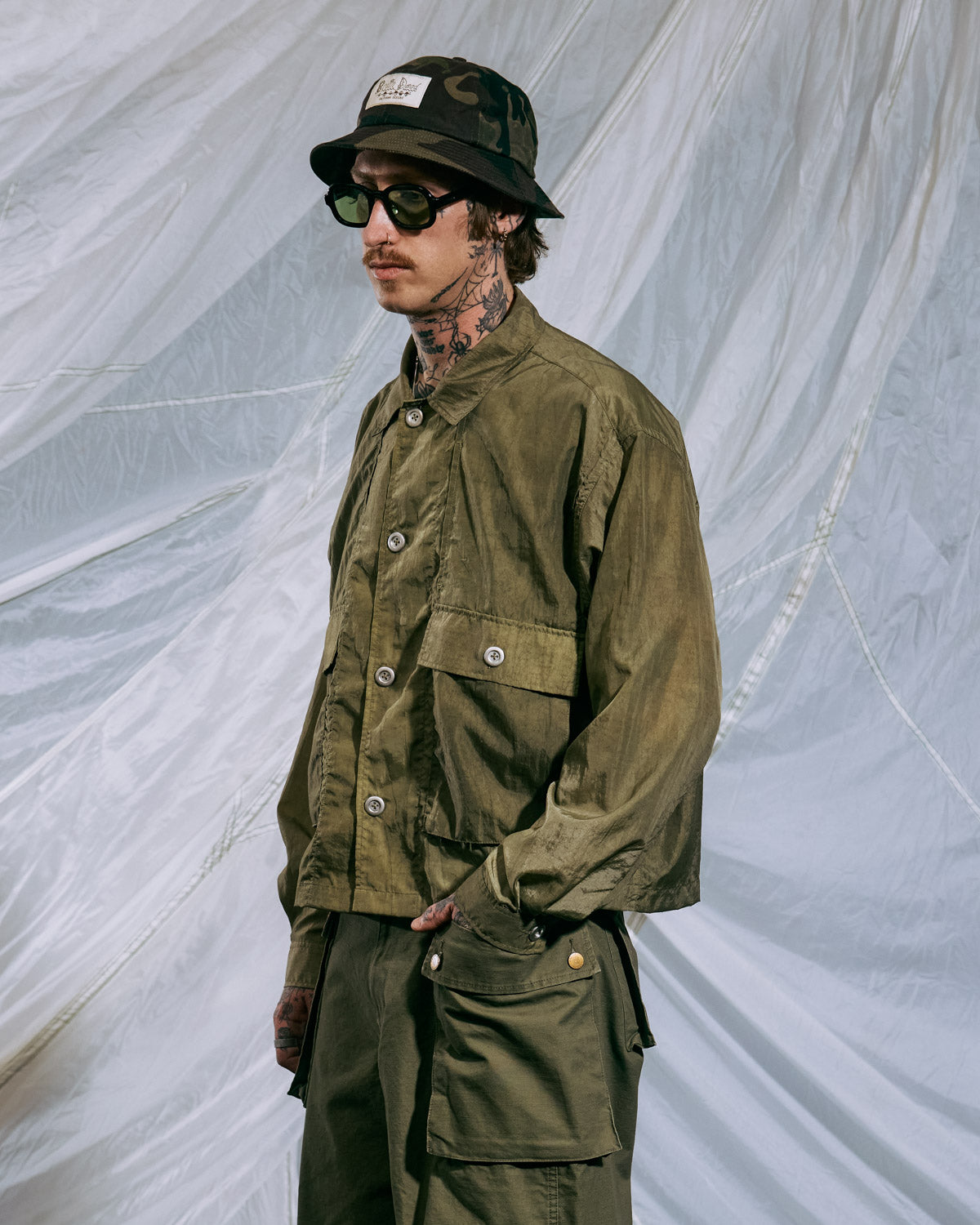 Cropped Nylon Button Up Shirt - Army – Brain Dead
