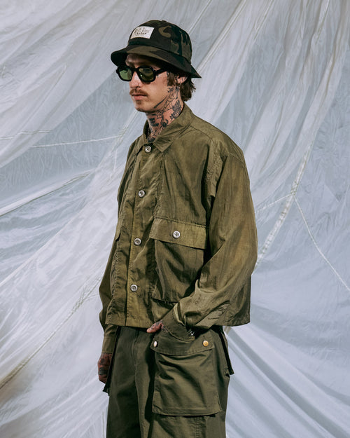 Cropped Nylon Button Up Shirt - Army 2