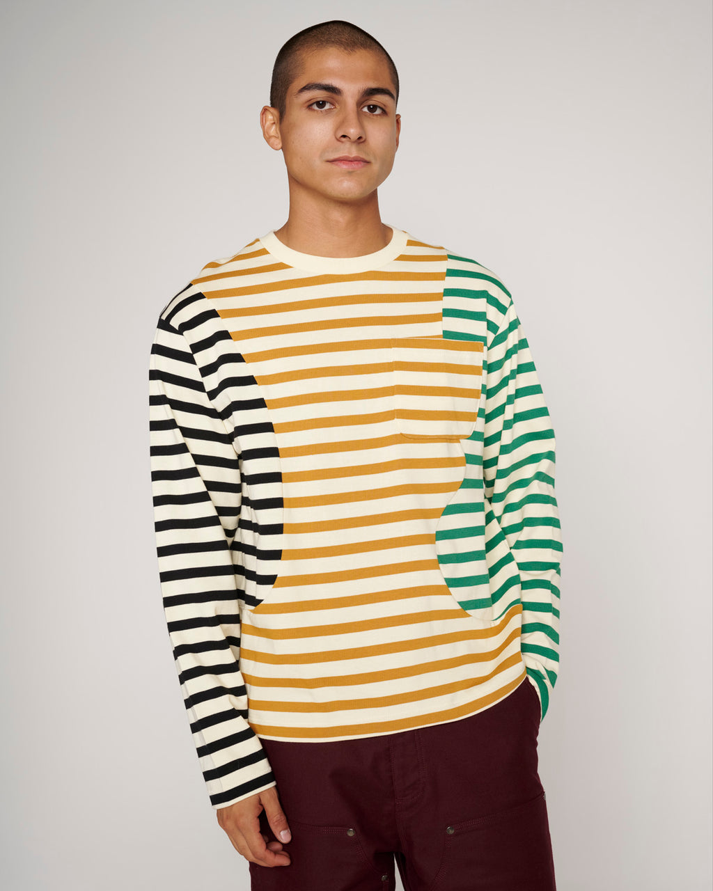 Organic Paneled Stripe Long Sleeve T-Shirt - Cream Multi 4