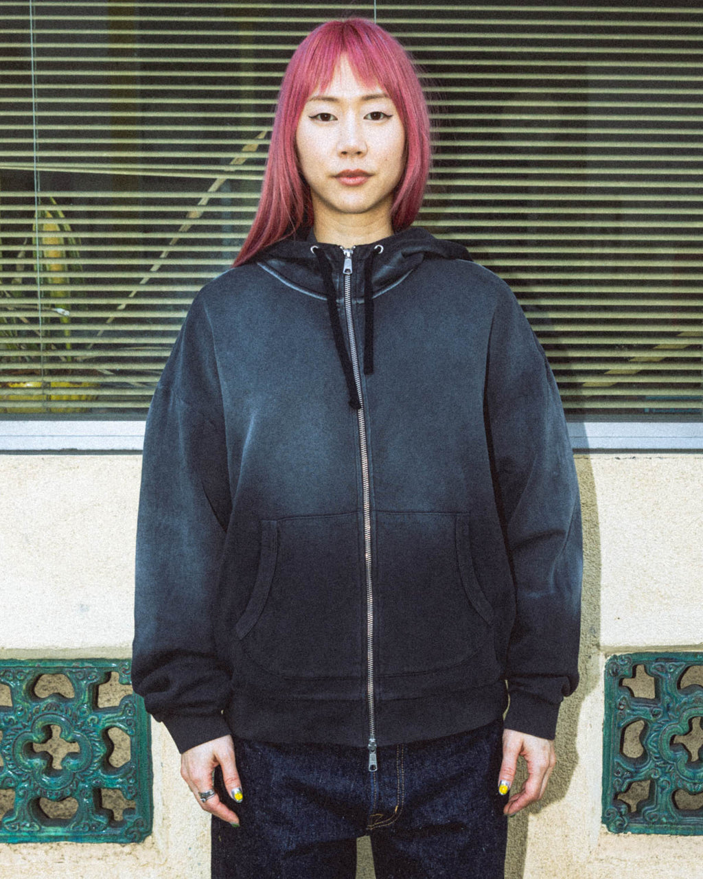 Padded Elbow Zip-Up Hoodie - Washed Black 7