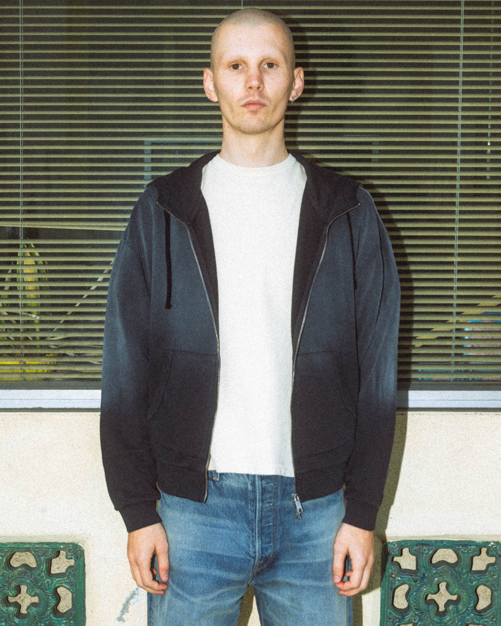 Padded Elbow Zip-Up Hoodie - Washed Black 6