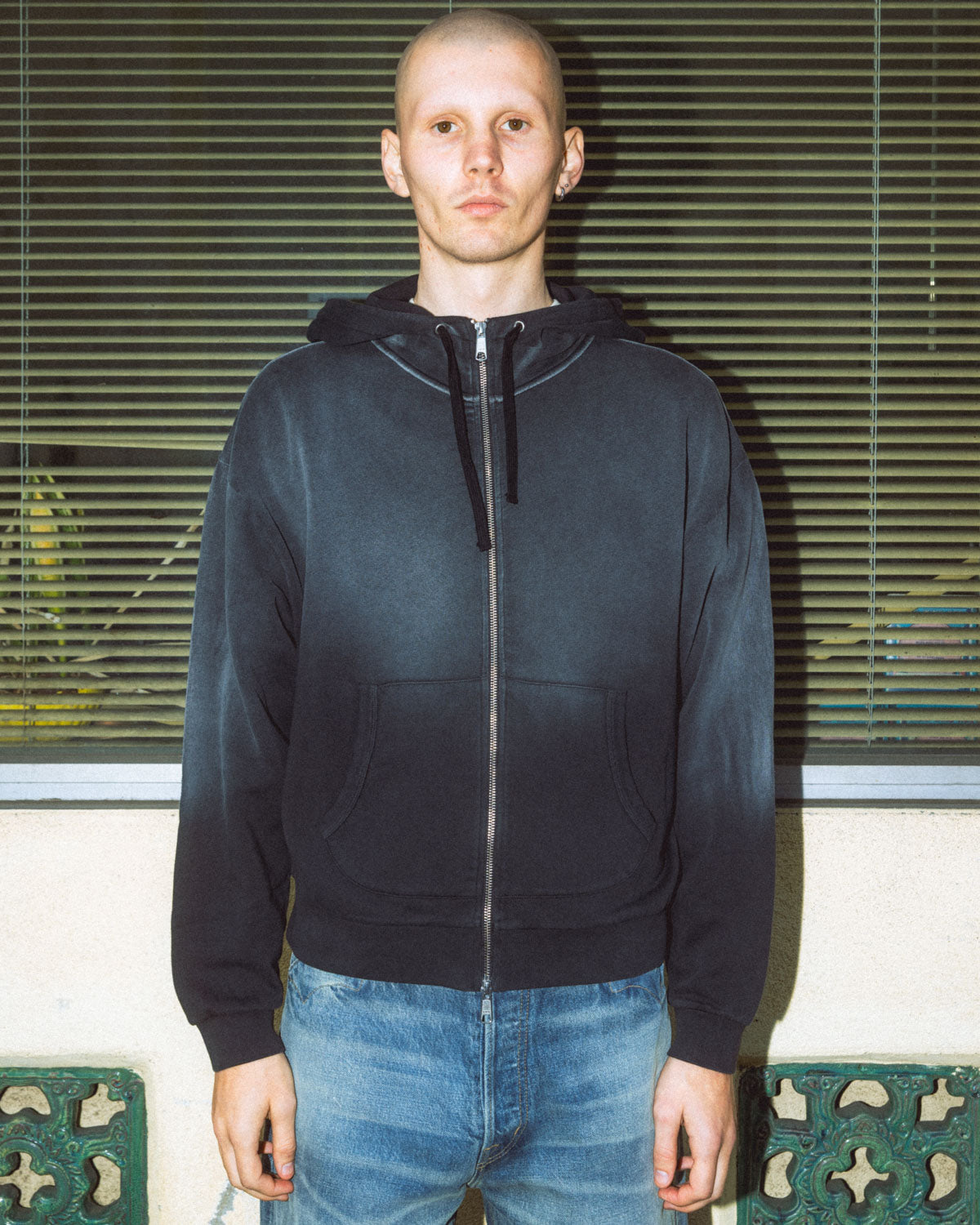 Padded Elbow Zip-Up Hoodie - Washed Black 2