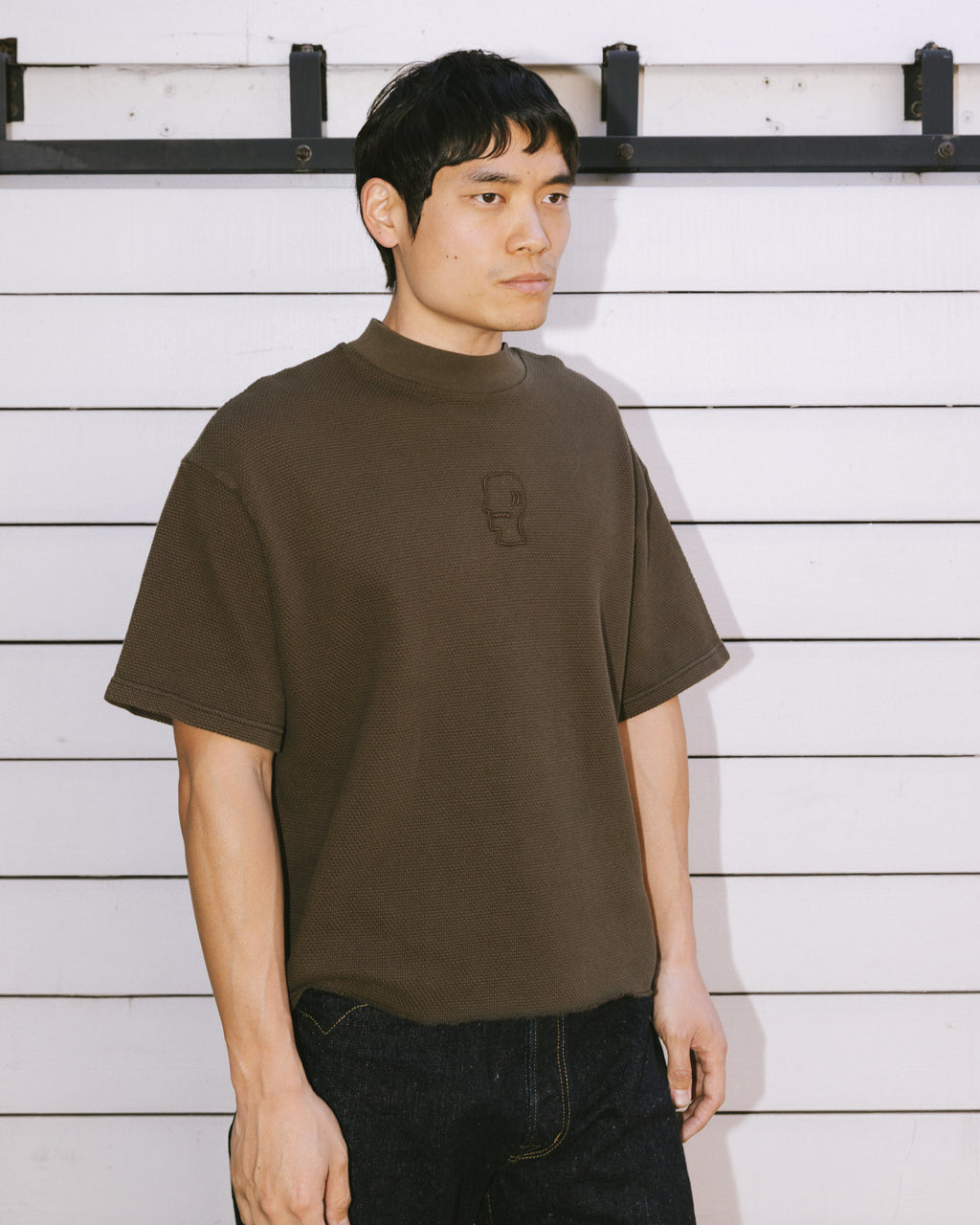 Boxy Thermal Mock Neck T-Shirt - Brown 6