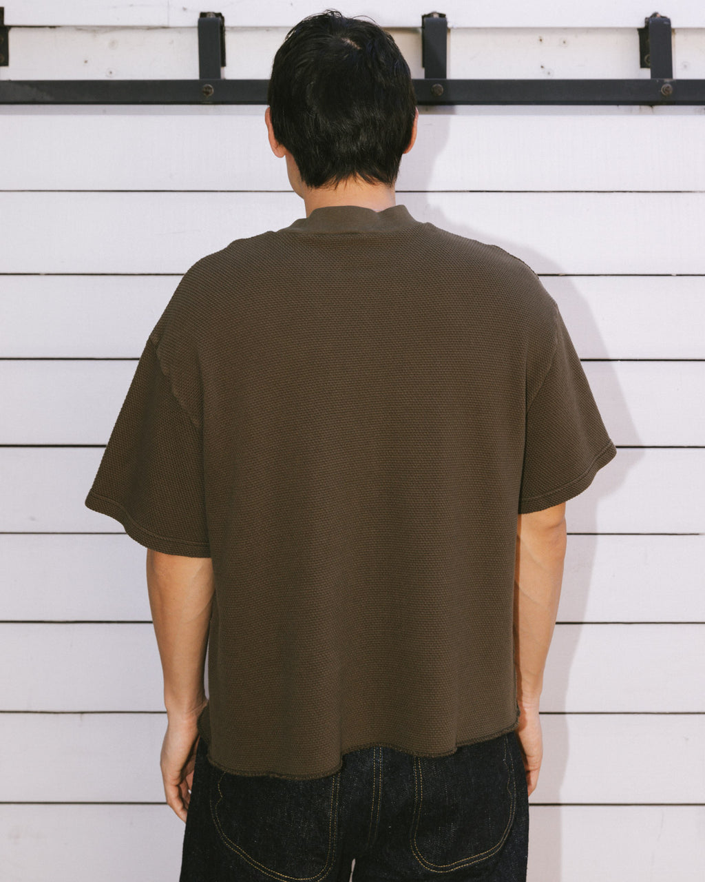 Boxy Thermal Mock Neck T-Shirt - Brown 7