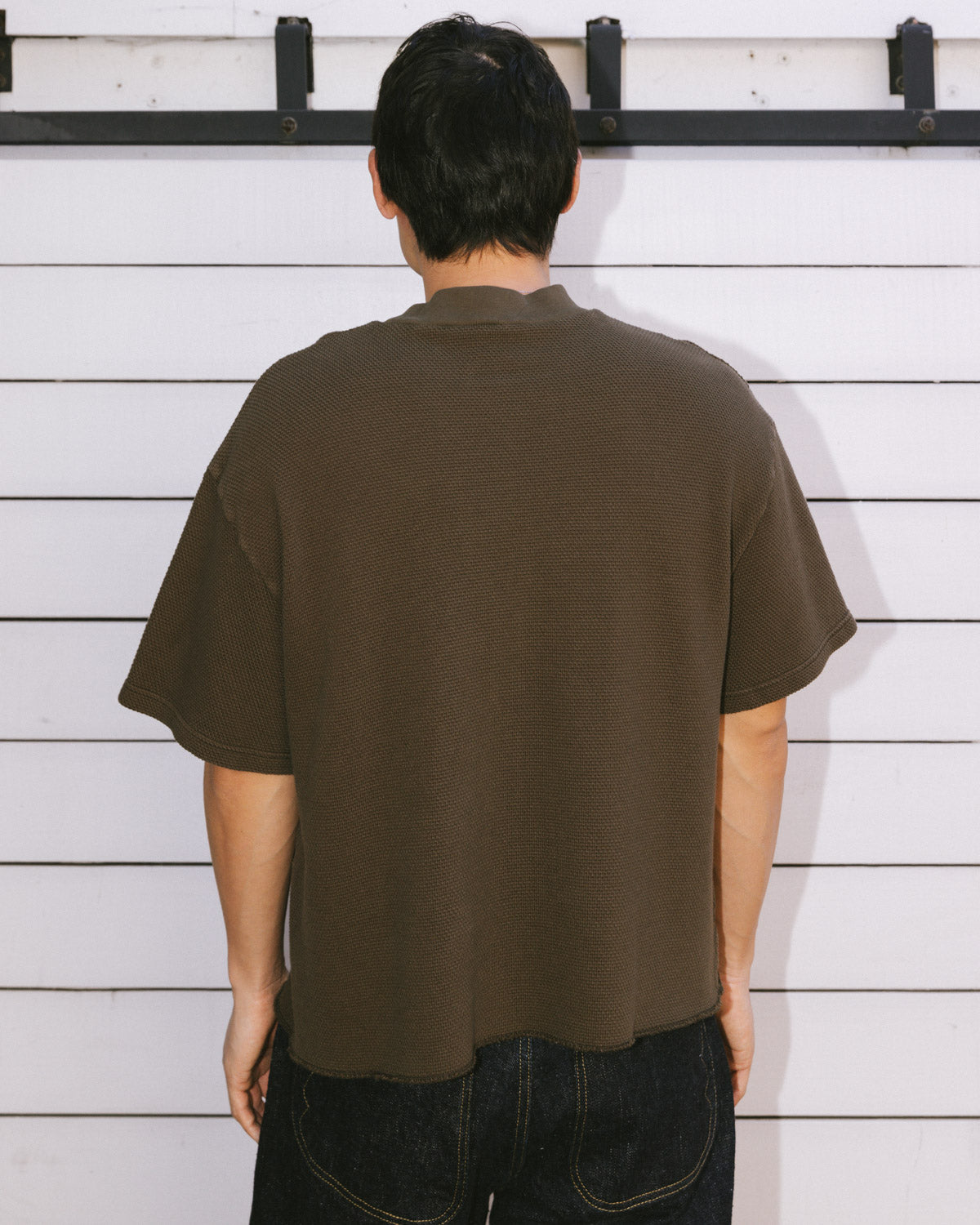 Boxy Thermal Mock Neck T-Shirt - Brown 7