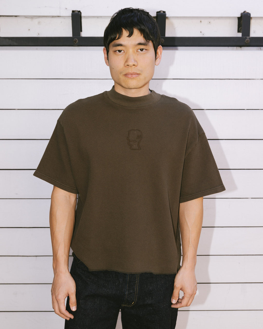 Boxy Thermal Mock Neck T-Shirt - Brown 2