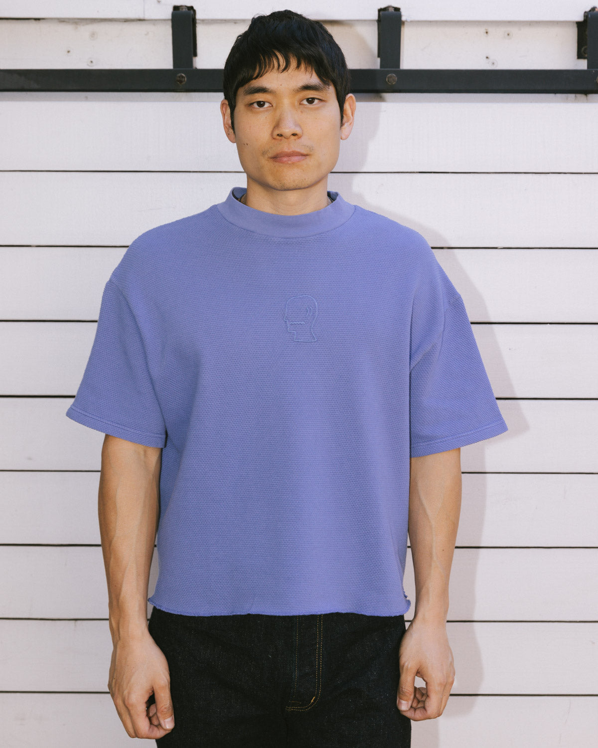 Boxy Thermal Mock Neck T-Shirt - Blue – Brain Dead
