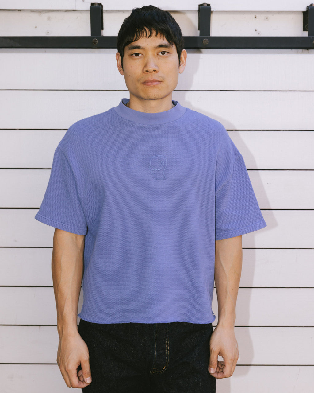 Boxy Thermal Mock Neck T-Shirt - Blue 2