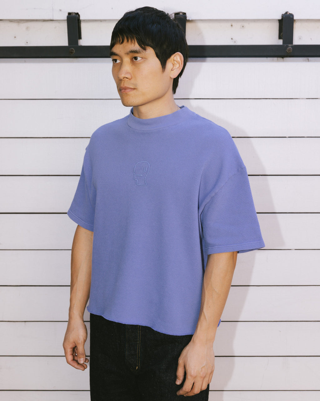 Boxy Thermal Mock Neck T-Shirt - Blue 6