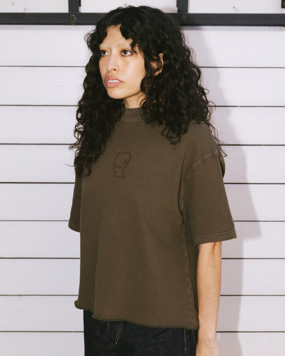 Boxy Thermal Mock Neck T-Shirt - Brown 9