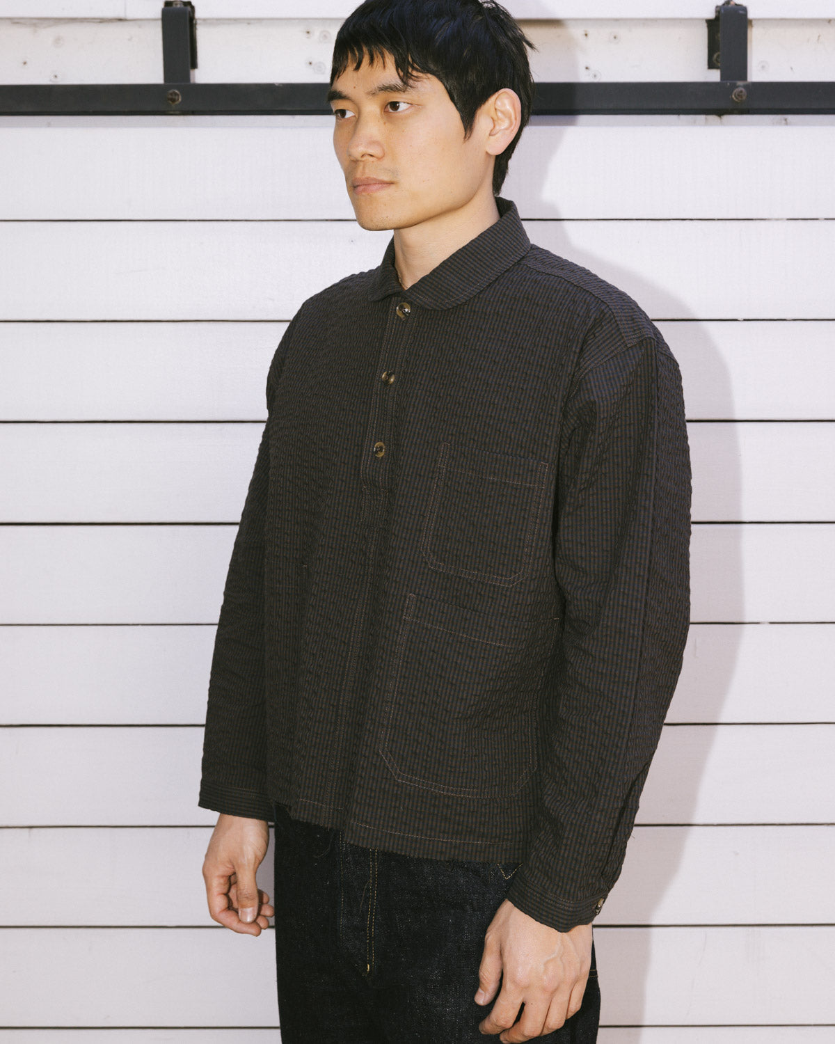 Gingham Round Collar Shirt - Black 6