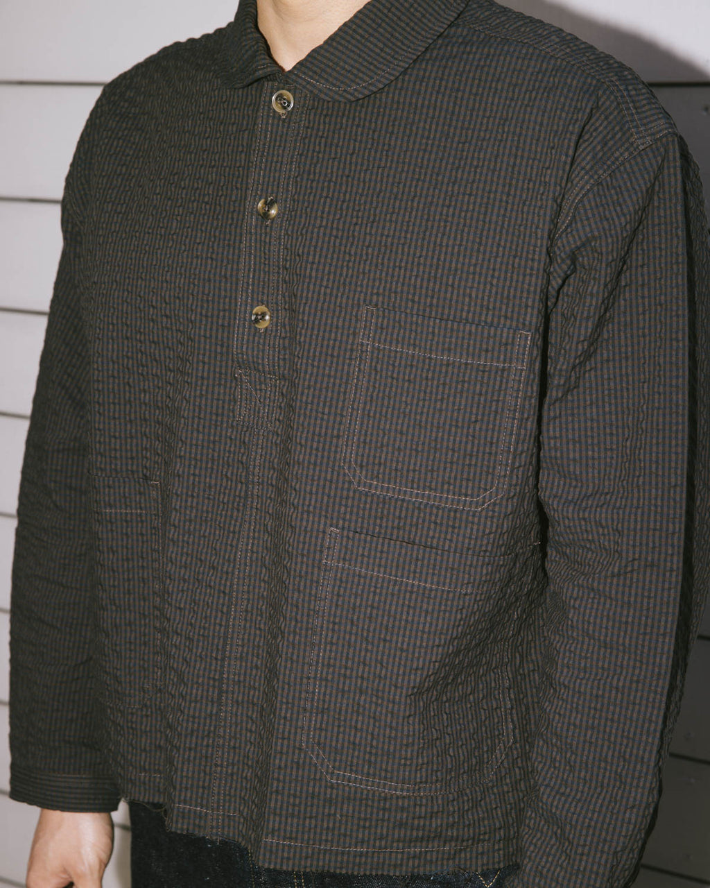 Gingham Round Collar Shirt - Black 4