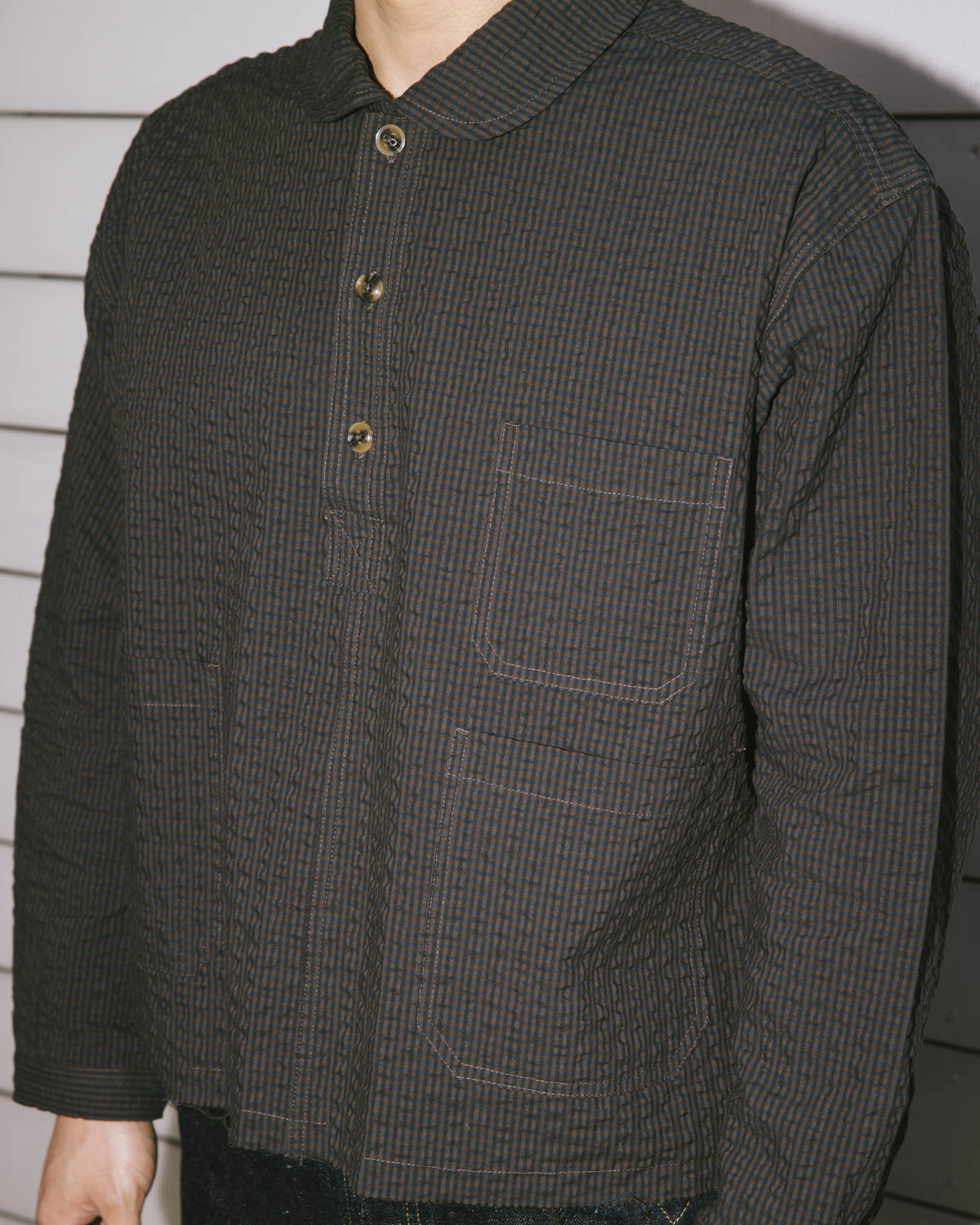 Gingham Round Collar Shirt - Black 4