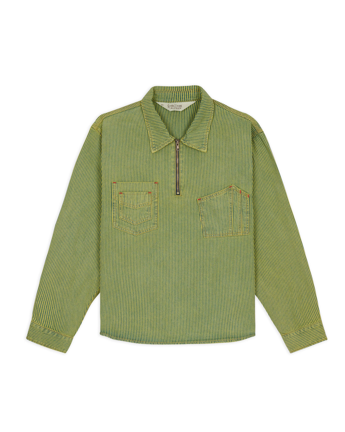 Hickory Stripe Half Zip Work Shirt - Green 1