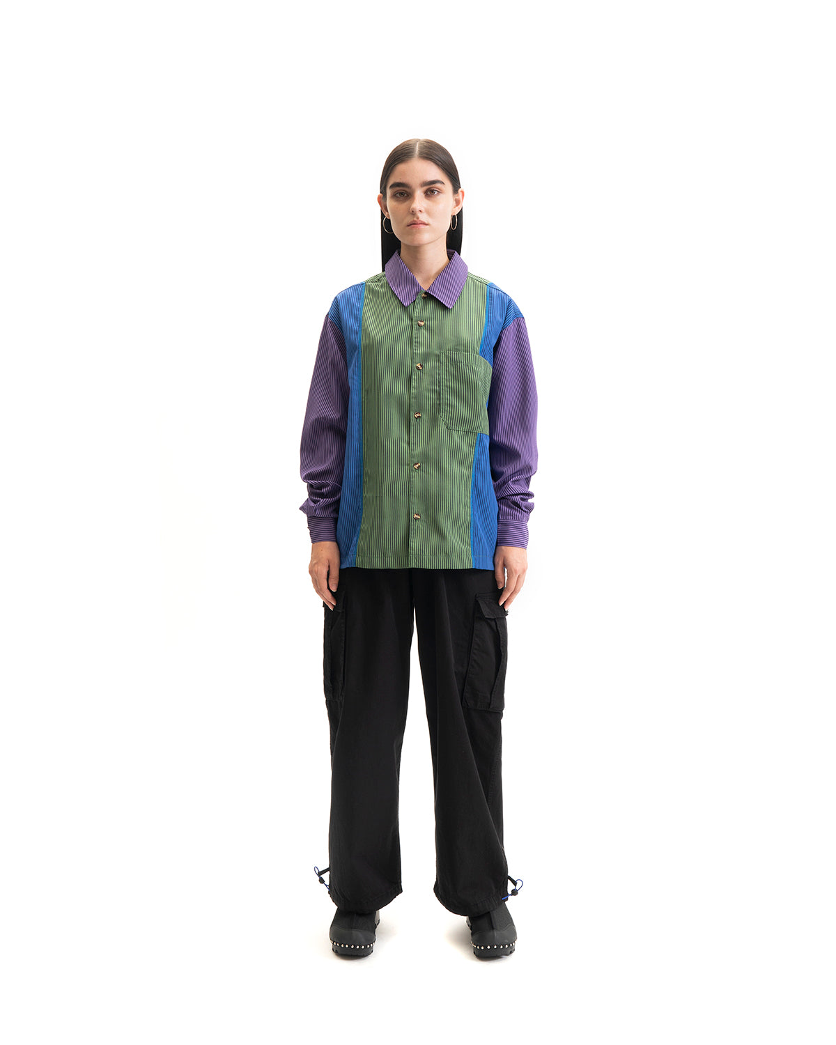 Paneled Stripe Poplin Long sleeve Button Up - Purple/Blue/Green 4