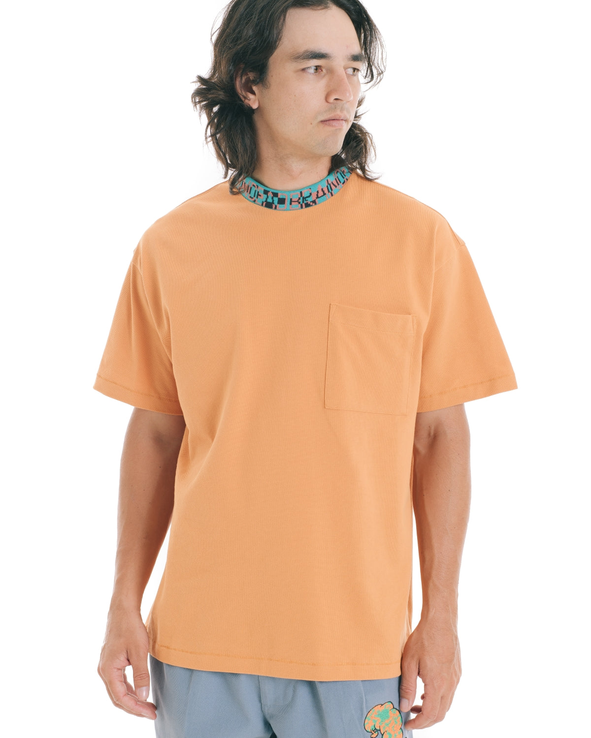 Jacquarded Collar Pique Mock Neck Shirt - Orange 5